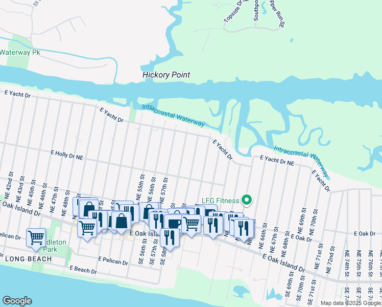 map of restaurants, bars, coffee shops, grocery stores, and more near 330 Northeast 59th Street in Oak Island
