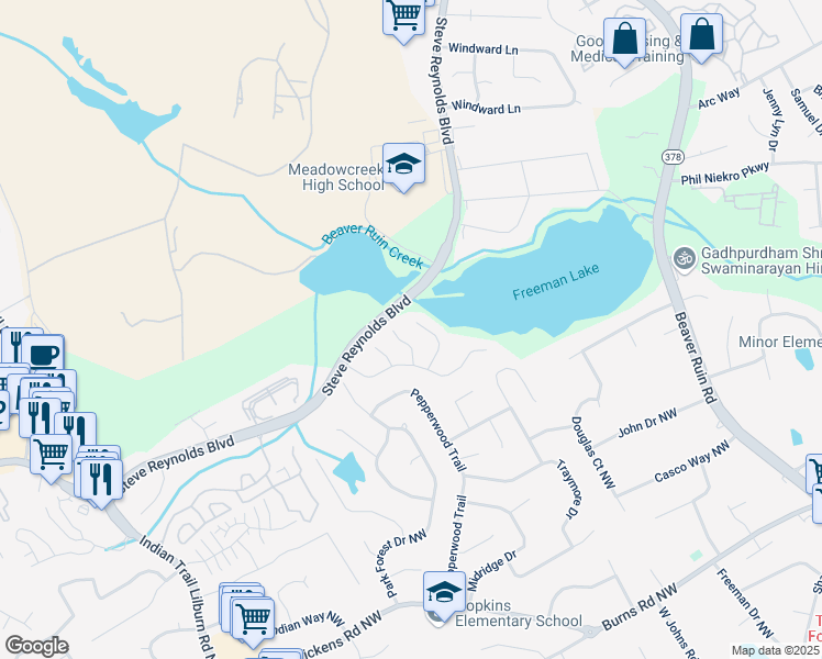 map of restaurants, bars, coffee shops, grocery stores, and more near 4585 Freeman Lake Court in Norcross