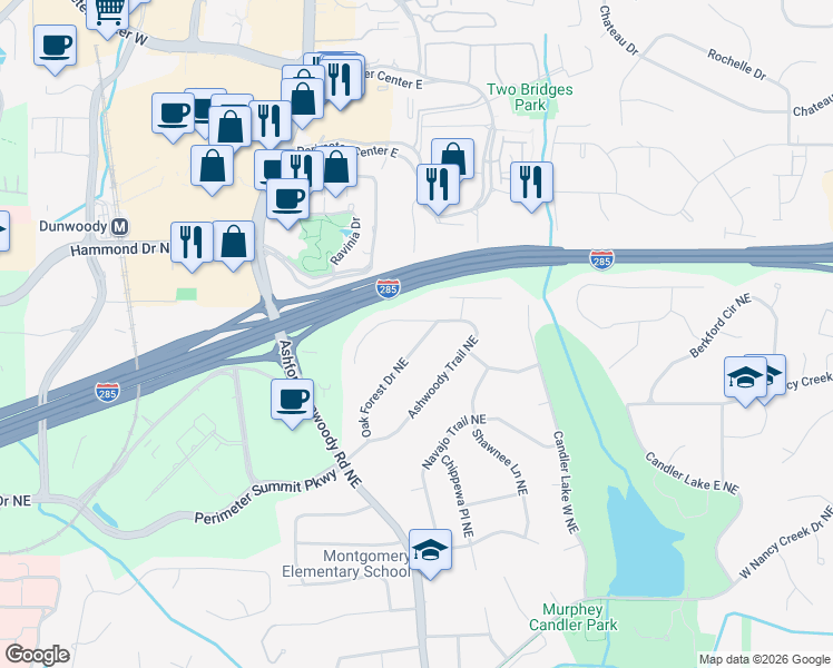 map of restaurants, bars, coffee shops, grocery stores, and more near 4208 Oak Forest Drive Northeast in Atlanta