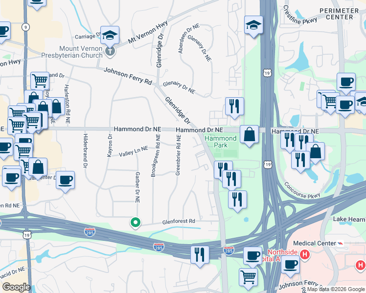 map of restaurants, bars, coffee shops, grocery stores, and more near 5965 Greenbrier Road Northeast in Atlanta
