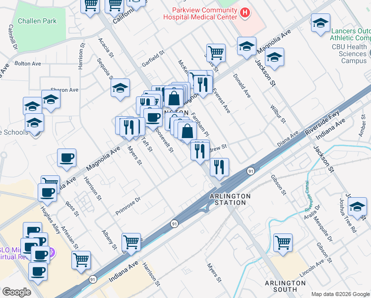 map of restaurants, bars, coffee shops, grocery stores, and more near 3652 Van Buren Boulevard in Riverside