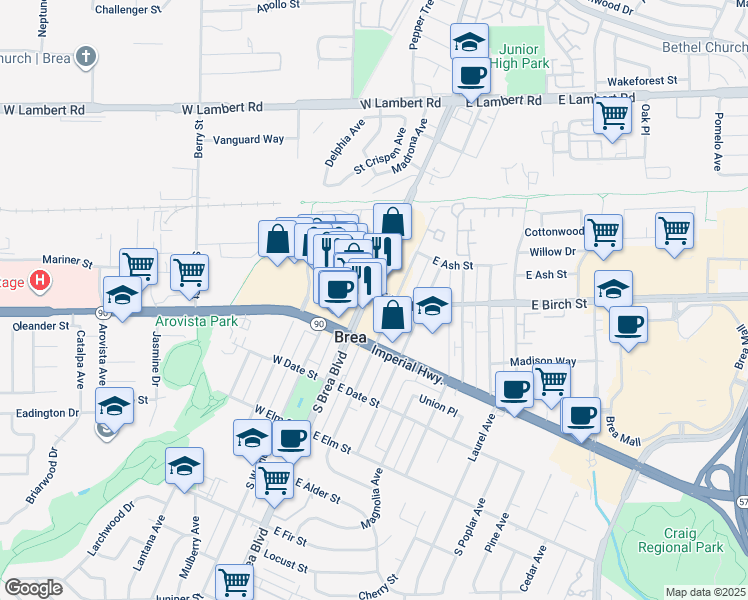 map of restaurants, bars, coffee shops, grocery stores, and more near in Brea