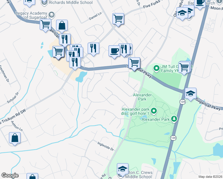 map of restaurants, bars, coffee shops, grocery stores, and more near 1234 Thorncliff Ct in Lawrenceville