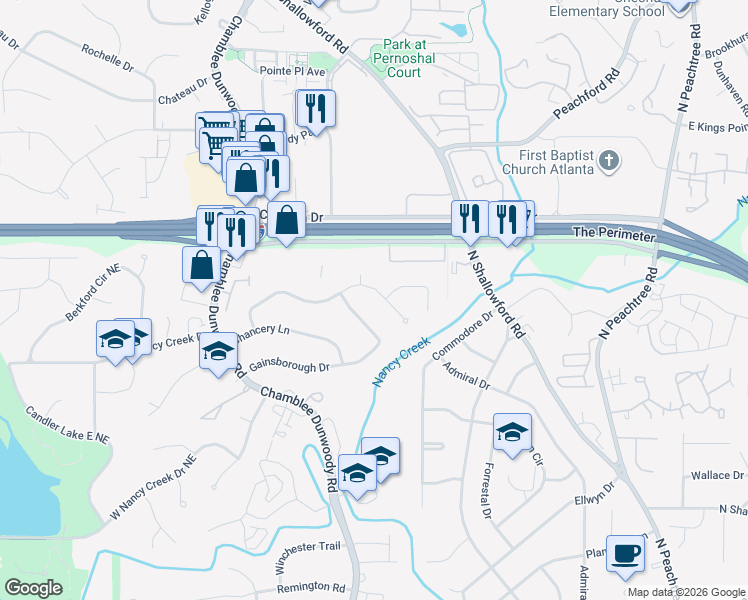 map of restaurants, bars, coffee shops, grocery stores, and more near 1943 Queens Way in Chamblee