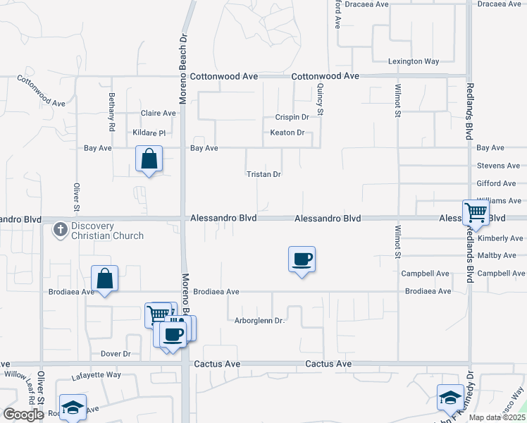 map of restaurants, bars, coffee shops, grocery stores, and more near 28302 Alessandro Boulevard in Moreno Valley