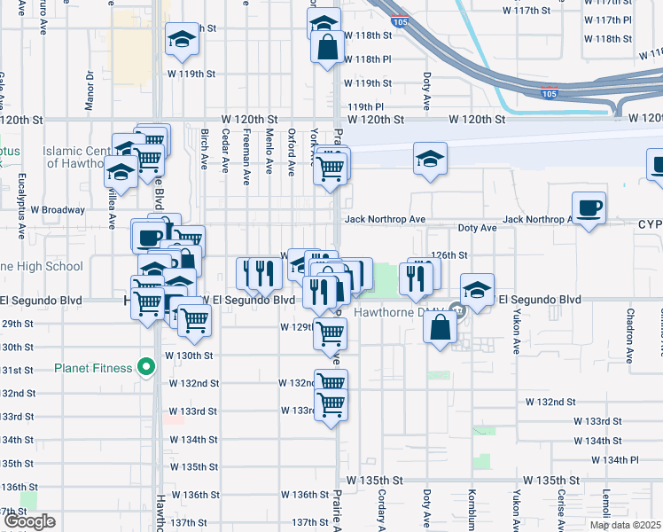 map of restaurants, bars, coffee shops, grocery stores, and more near 12611 Prairie Avenue in Hawthorne