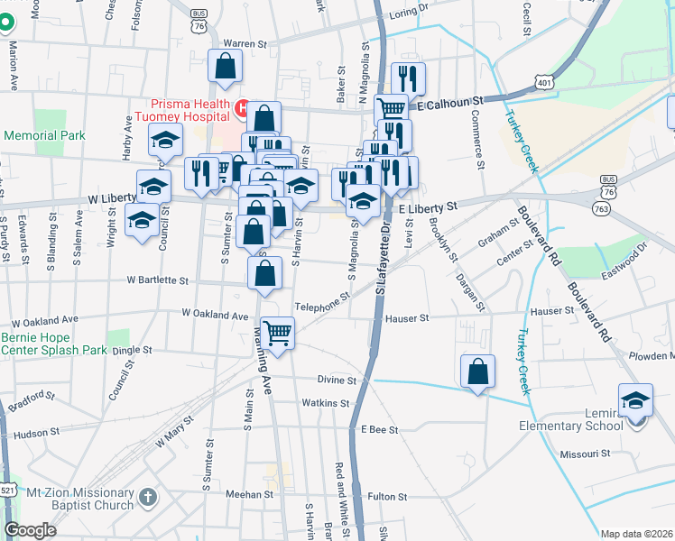 map of restaurants, bars, coffee shops, grocery stores, and more near 22 Kendrick Street in Sumter