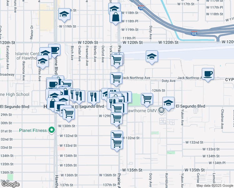 map of restaurants, bars, coffee shops, grocery stores, and more near 12621 Prairie Avenue in Hawthorne