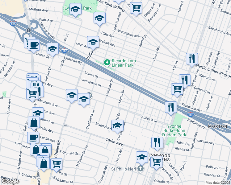 map of restaurants, bars, coffee shops, grocery stores, and more near 4026 Josephine Street in Lynwood