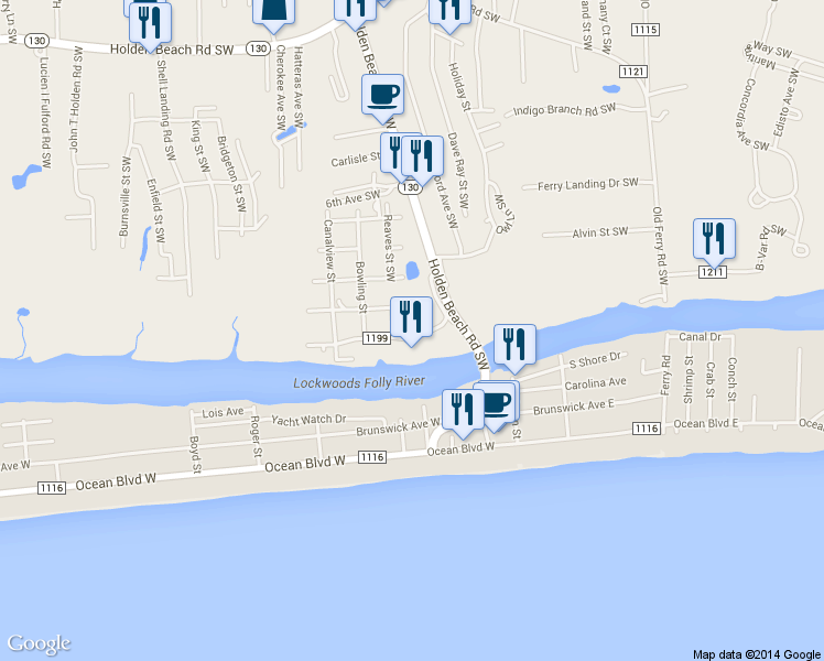 map of restaurants, bars, coffee shops, grocery stores, and more near 1334 Cedar Landing Rd SW in Brunswick