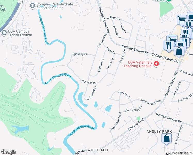 map of restaurants, bars, coffee shops, grocery stores, and more near 183 Stafford Drive in Athens