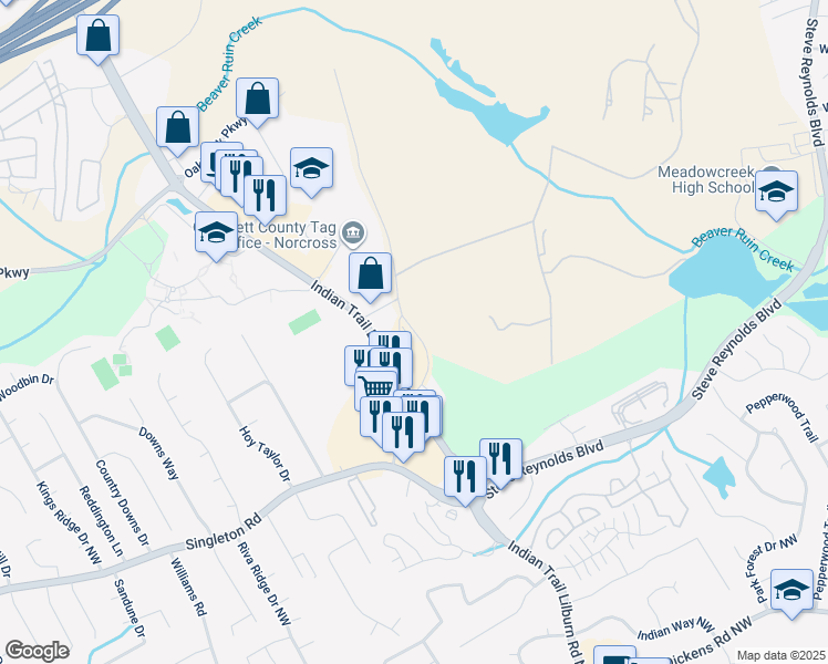 map of restaurants, bars, coffee shops, grocery stores, and more near 1374 Hillcrest Road in Norcross
