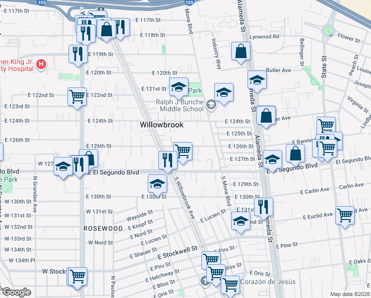 map of restaurants, bars, coffee shops, grocery stores, and more near 2402 East 126th Street in Compton