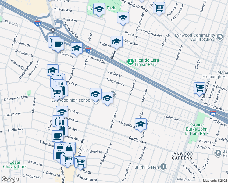 map of restaurants, bars, coffee shops, grocery stores, and more near 3850 Virginia Avenue in Lynwood