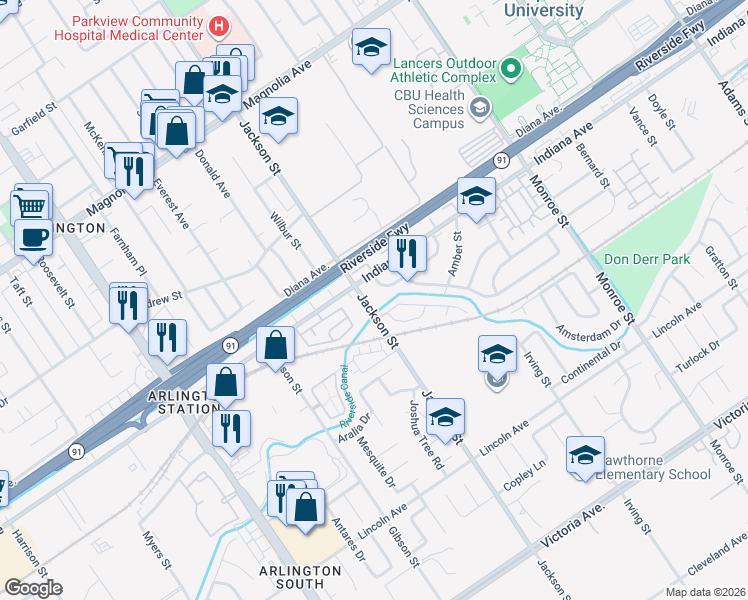 map of restaurants, bars, coffee shops, grocery stores, and more near in Riverside