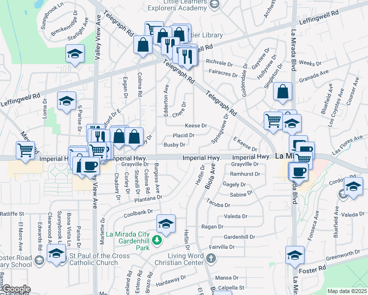 map of restaurants, bars, coffee shops, grocery stores, and more near 14514 Busby Drive in Whittier