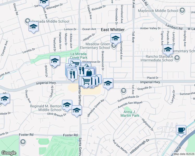 map of restaurants, bars, coffee shops, grocery stores, and more near 12422 Clearglen Avenue in Whittier