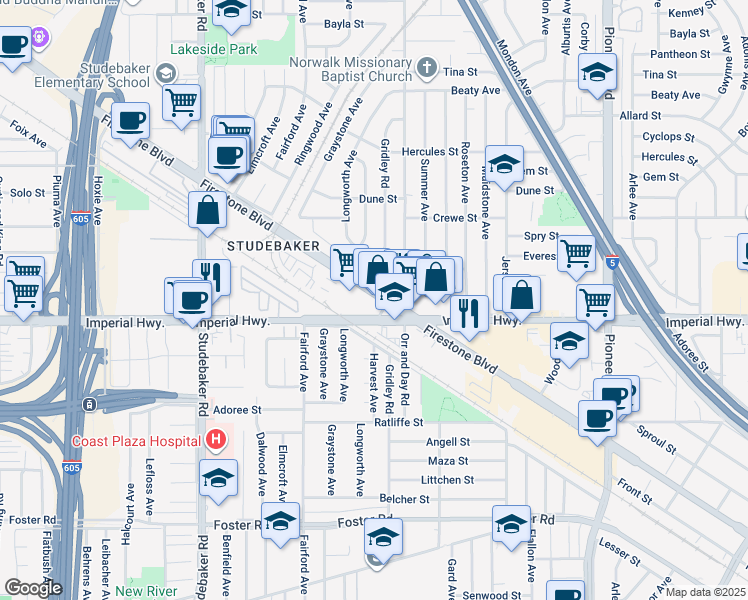 map of restaurants, bars, coffee shops, grocery stores, and more near 11330 Firestone Boulevard in Norwalk