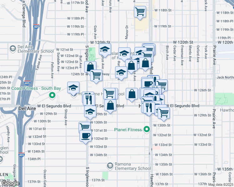 map of restaurants, bars, coffee shops, grocery stores, and more near 12619 Ramona Avenue in Hawthorne