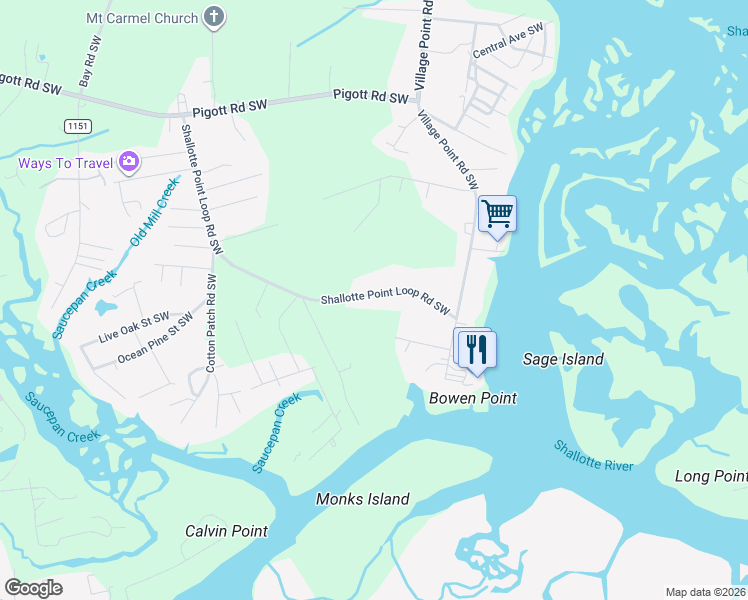 map of restaurants, bars, coffee shops, grocery stores, and more near 1719 Shallotte Point Loop Road Southwest in Shallotte