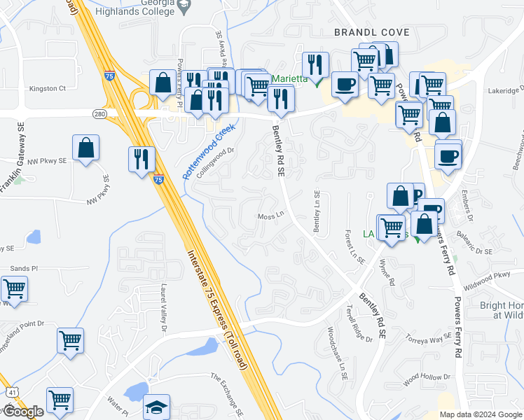 map of restaurants, bars, coffee shops, grocery stores, and more near 2650 Bentley Road Southeast in Marietta