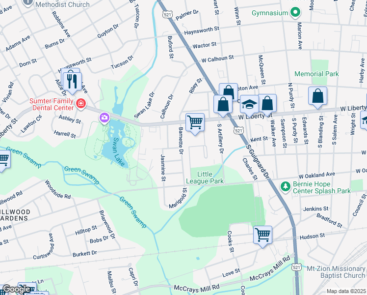 map of restaurants, bars, coffee shops, grocery stores, and more near 25 Barnette Drive in Sumter