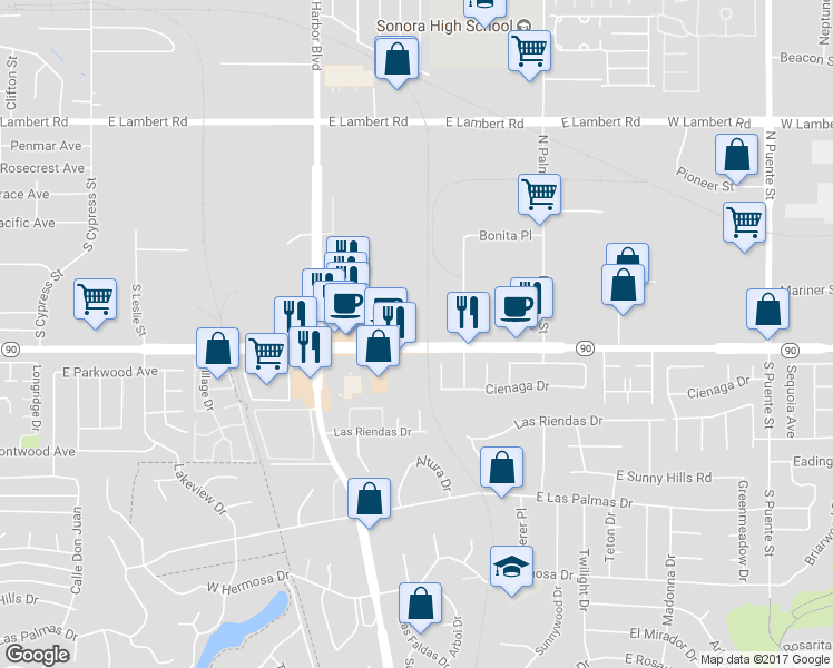map of restaurants, bars, coffee shops, grocery stores, and more near 295 E Imperial Hwy in La Habra