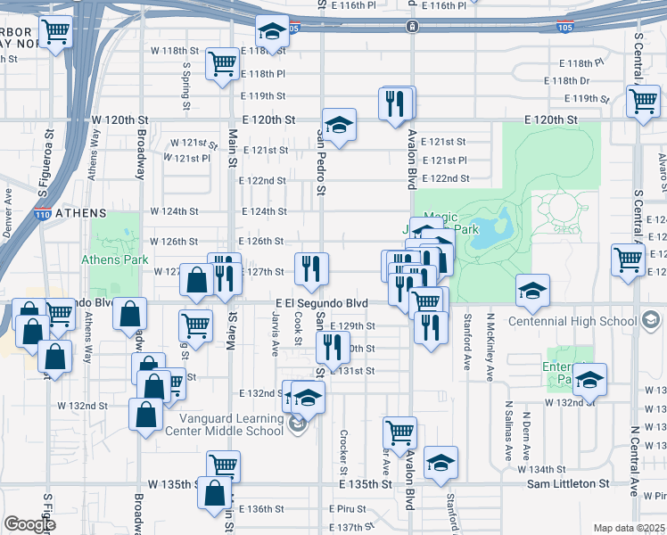 map of restaurants, bars, coffee shops, grocery stores, and more near 313 East 127th Street in Los Angeles