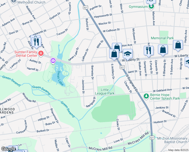 map of restaurants, bars, coffee shops, grocery stores, and more near 25 Barnette Drive in Sumter