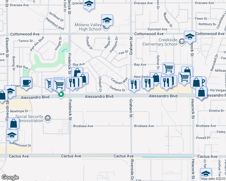 map of restaurants, bars, coffee shops, grocery stores, and more near 23325 Gerbera Street in Moreno Valley