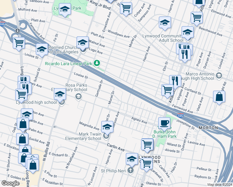 map of restaurants, bars, coffee shops, grocery stores, and more near 4109 Josephine Street in Lynwood