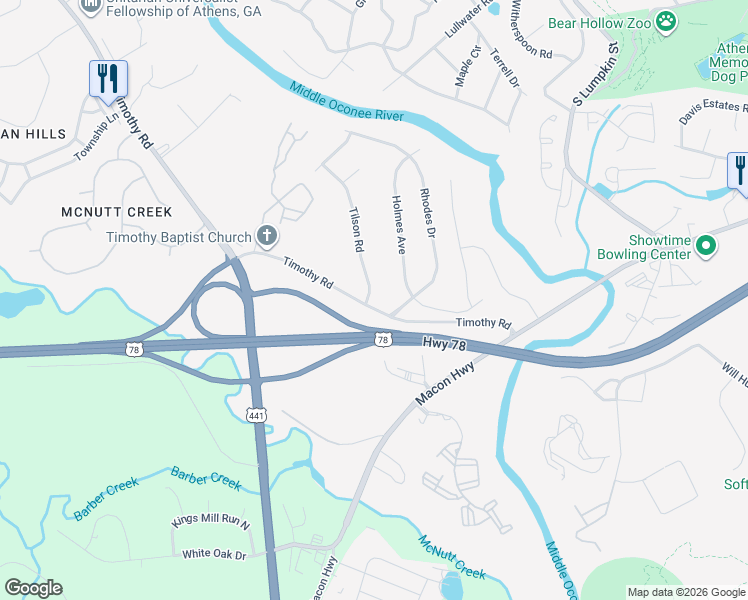 map of restaurants, bars, coffee shops, grocery stores, and more near 220 Timothy Road in Athens