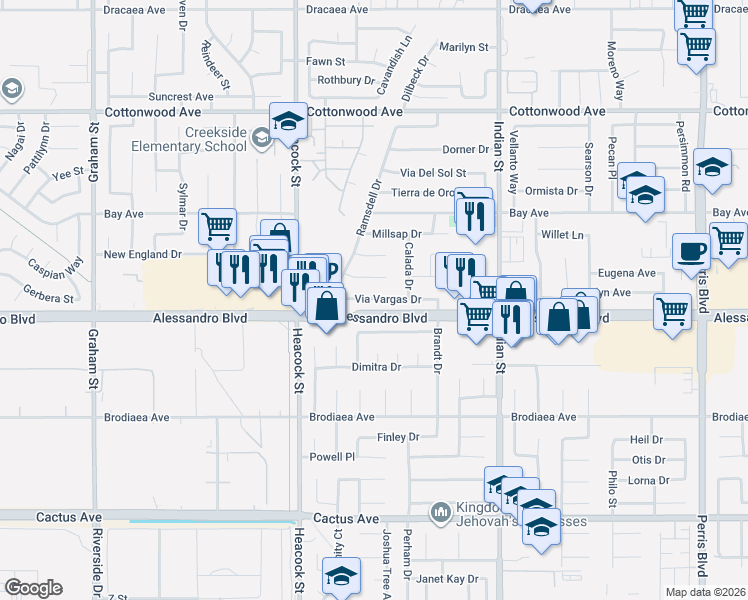map of restaurants, bars, coffee shops, grocery stores, and more near 24311 Via Vargas Drive in Moreno Valley