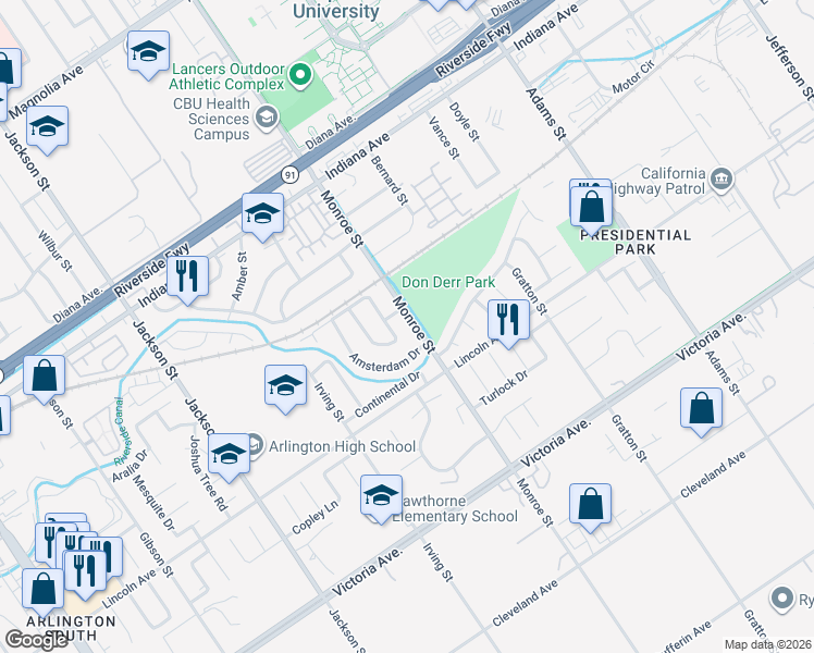 map of restaurants, bars, coffee shops, grocery stores, and more near 3024 Monroe Street in Riverside
