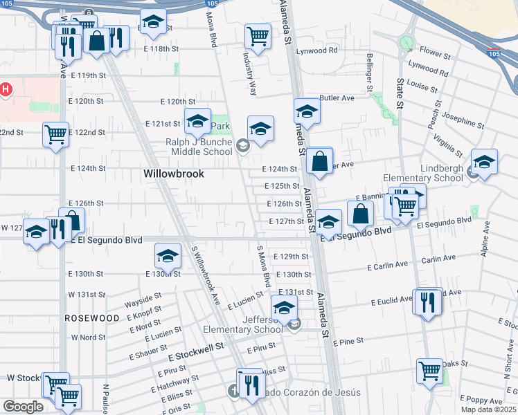 map of restaurants, bars, coffee shops, grocery stores, and more near 2514 East 126th Street in Compton