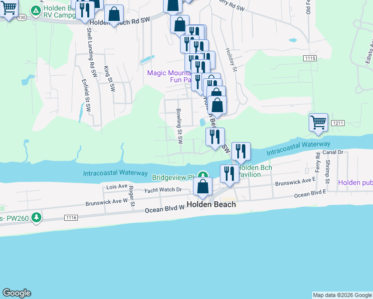 map of restaurants, bars, coffee shops, grocery stores, and more near 1378 Cedar Landing Road Southwest in Brunswick County