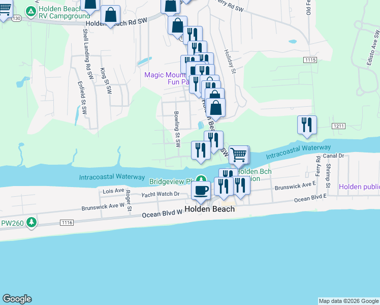 map of restaurants, bars, coffee shops, grocery stores, and more near 1378 Cedar Landing Rd SW in Brunswick
