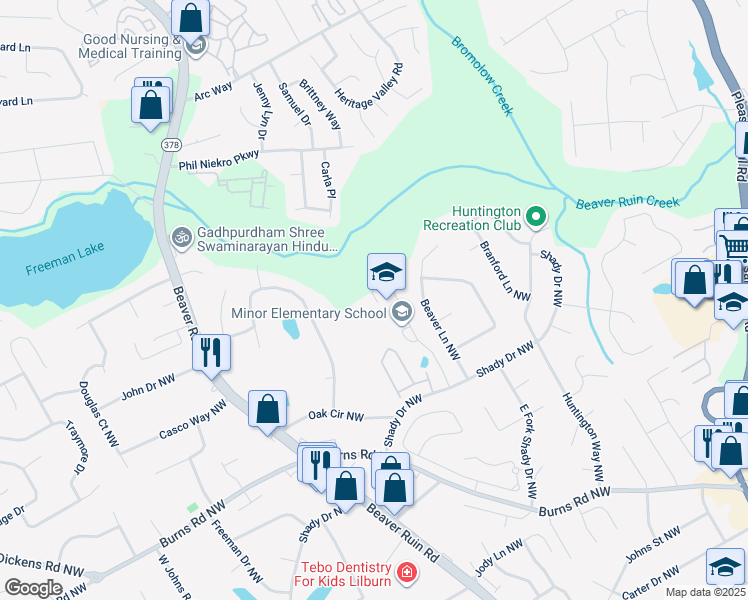 map of restaurants, bars, coffee shops, grocery stores, and more near 4129 Shady Drive Northwest in Lilburn