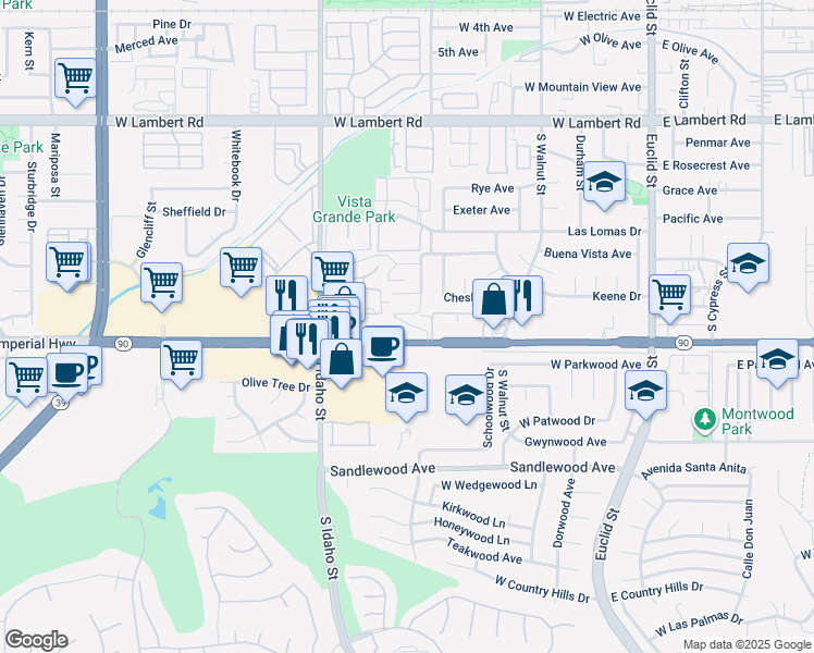 map of restaurants, bars, coffee shops, grocery stores, and more near in La Habra
