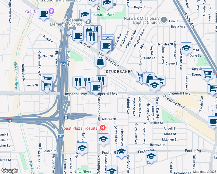 map of restaurants, bars, coffee shops, grocery stores, and more near 12512 Benfield Avenue in Norwalk