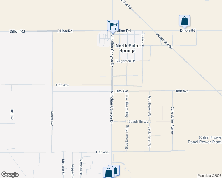 map of restaurants, bars, coffee shops, grocery stores, and more near 17069 North Indian Canyon Drive in North Palm Springs