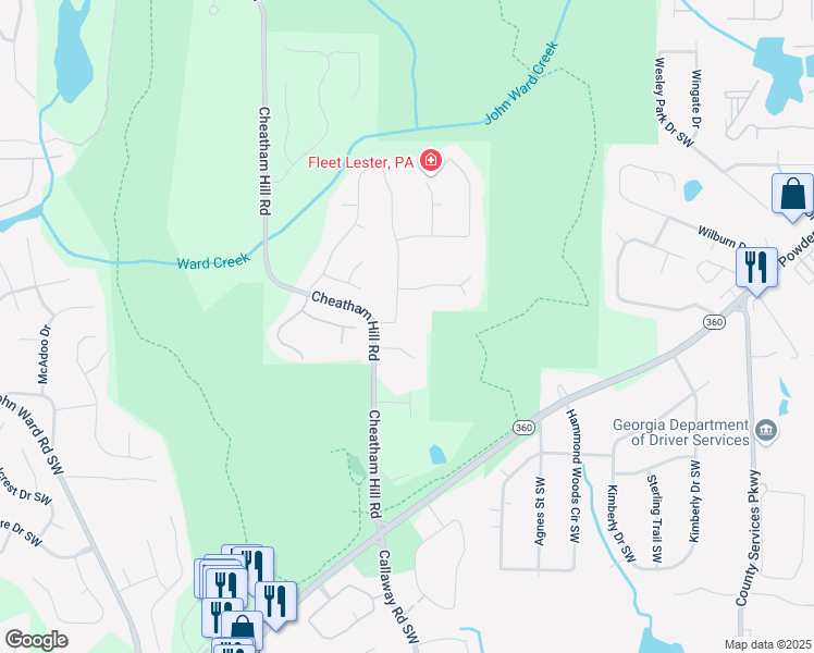 map of restaurants, bars, coffee shops, grocery stores, and more near 1474 Livingston Drive Southwest in Marietta