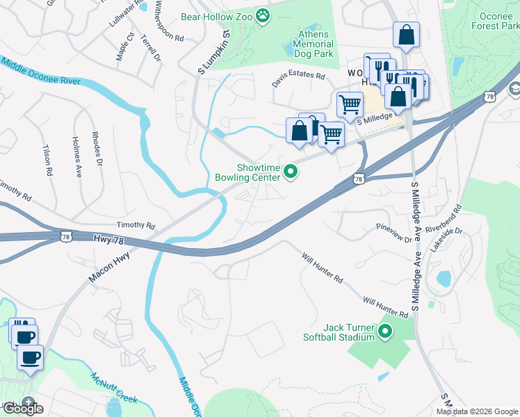 map of restaurants, bars, coffee shops, grocery stores, and more near 300 Old Will Hunter Road in Athens
