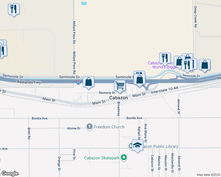 map of restaurants, bars, coffee shops, grocery stores, and more near 50296 Ramona Street in Cabazon