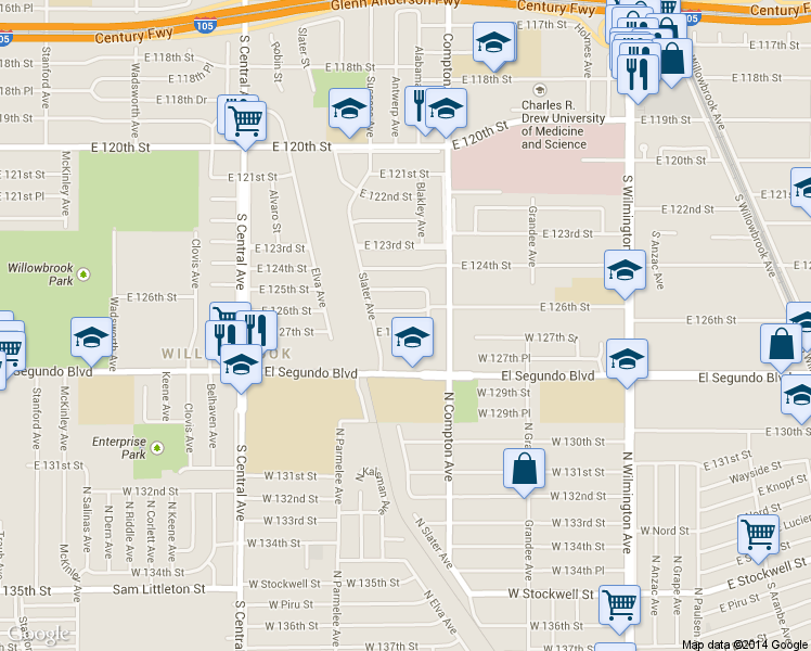 map of restaurants, bars, coffee shops, grocery stores, and more near 1509 East 127th Street in Compton