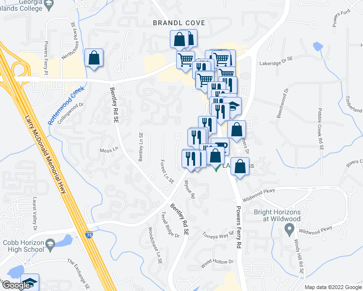 map of restaurants, bars, coffee shops, grocery stores, and more near 1378 Old Virginia Court Southeast in Marietta