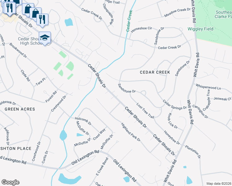 map of restaurants, bars, coffee shops, grocery stores, and more near 1565 Cedar Shoals Drive in Athens