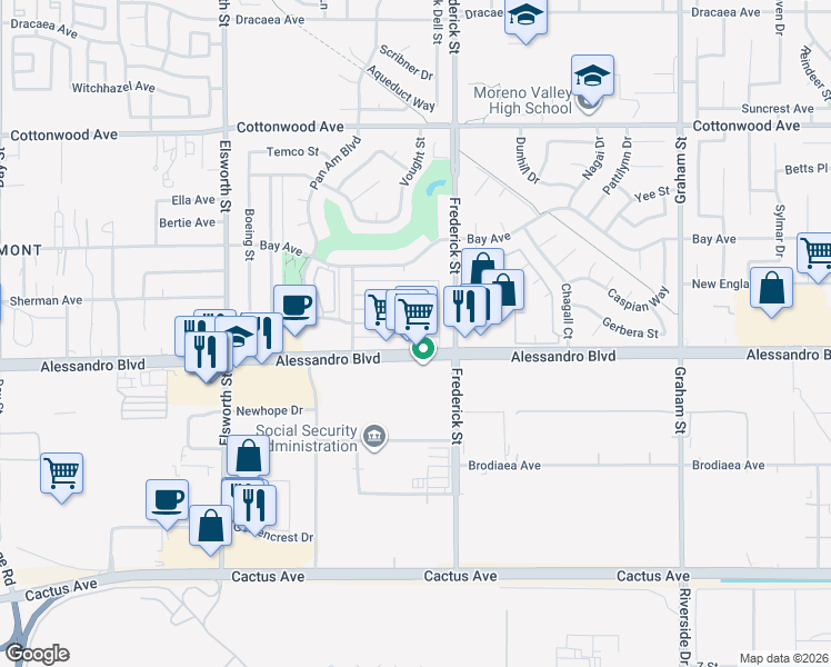 map of restaurants, bars, coffee shops, grocery stores, and more near 22923 Adrienne Avenue in Moreno Valley