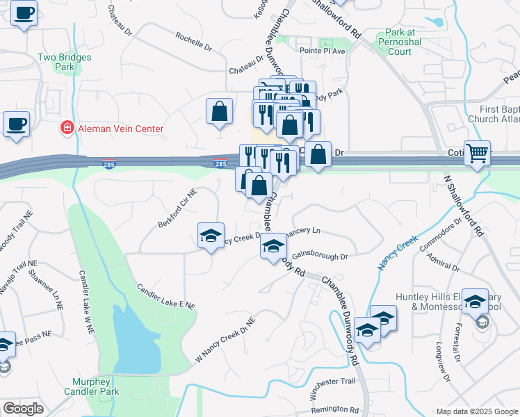 map of restaurants, bars, coffee shops, grocery stores, and more near 4360 Chamblee Dunwoody Road in Atlanta