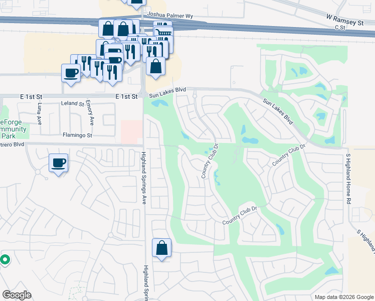 map of restaurants, bars, coffee shops, grocery stores, and more near 6193 Pebble Beach Dr in Banning